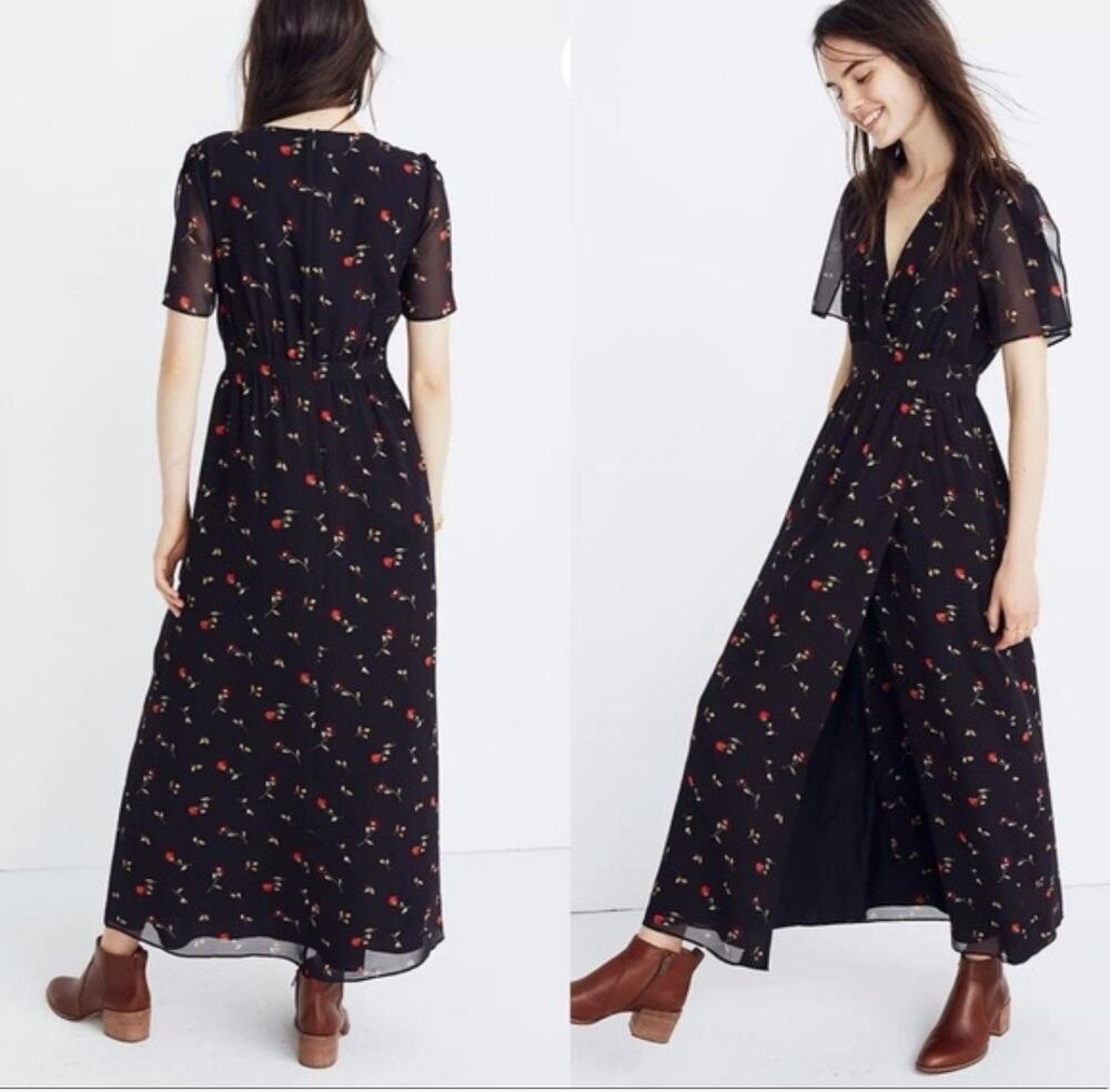 Madewell Black Floral Flutter Sleeve Maxi Dress Size 00 Fall Wedding Guest